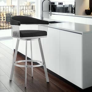 Bronson 30 in. Low Back Black Faux Leather and Brushed Stainless Steel Swivel Bar Stool
