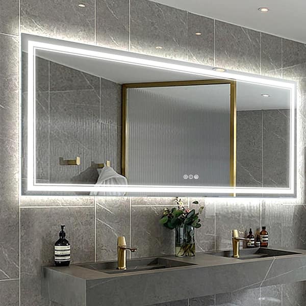 Lonni 84 in. W x 32 in. H Rectangular Frameless Anti-Fog Front and Rear LED Lighted Wall Bathroom Vanity Mirror and Dimming