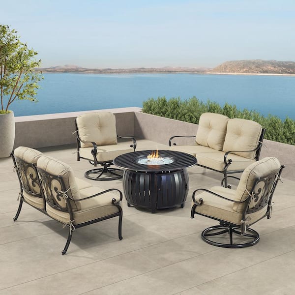 Oakland Living Black Aluminum Fire Table Set with 2-Loveseats and 2-Club Chairs