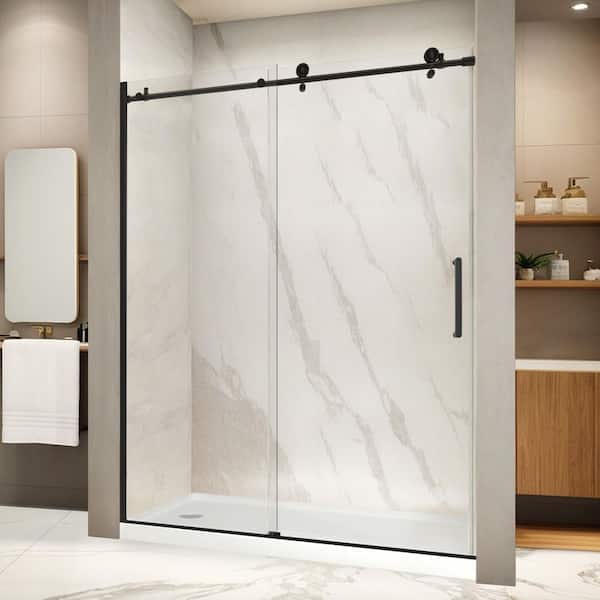 57.5 to 60 in. W x 75 in. H Sliding Frameless Shower Door in Matte Black with 5/16 in. (8mm) Clear Glass