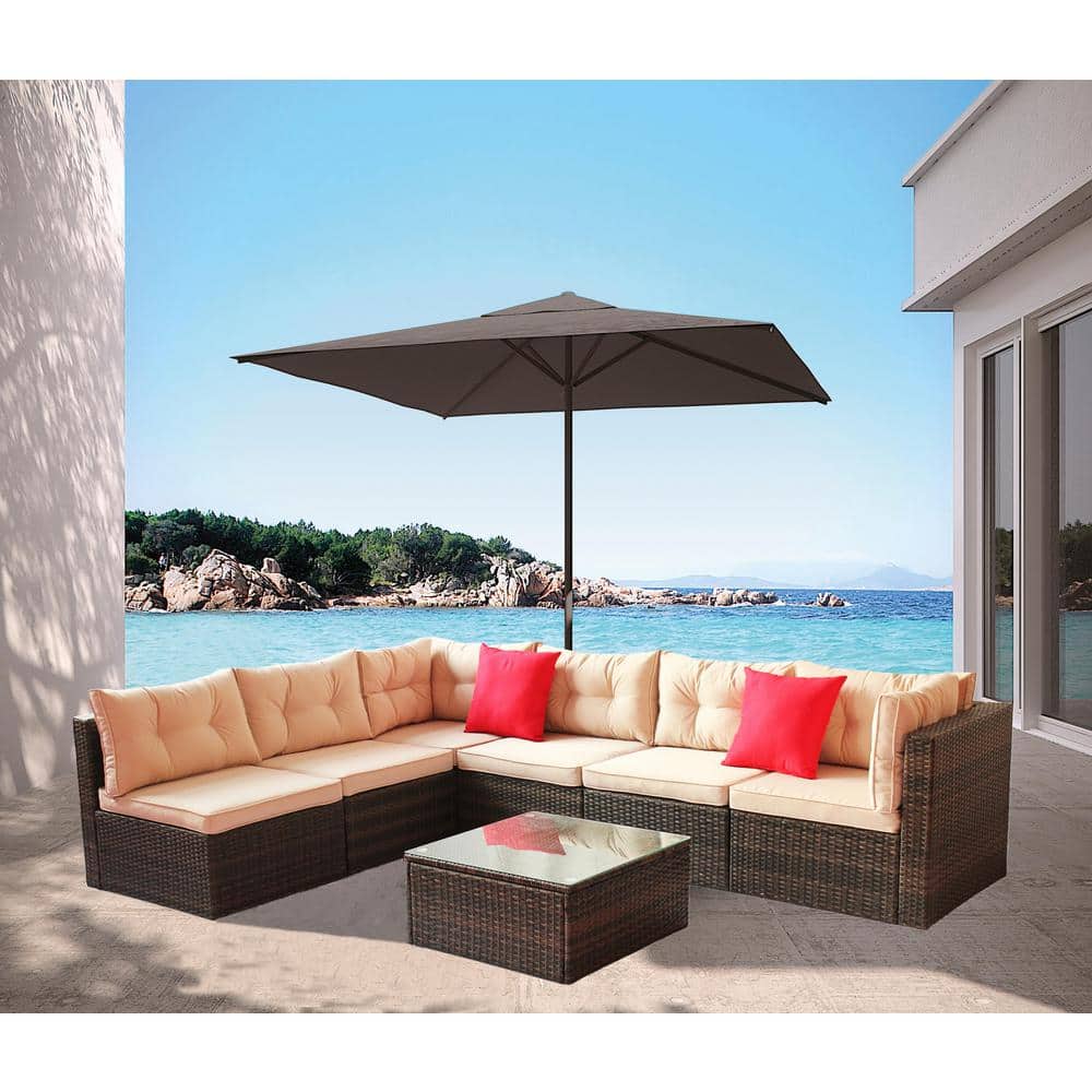 Brown 7-Piece Wicker Outdoor Patio Furniture Sectional Sofa Set with Coffee