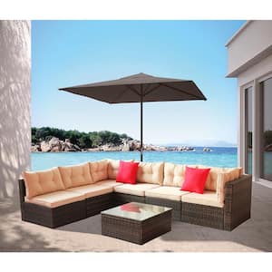 Brown 7-Piece Wicker Outdoor Patio Furniture Sectional Sofa Set with Coffee Table and Beige Cushion for Backyard, Garden