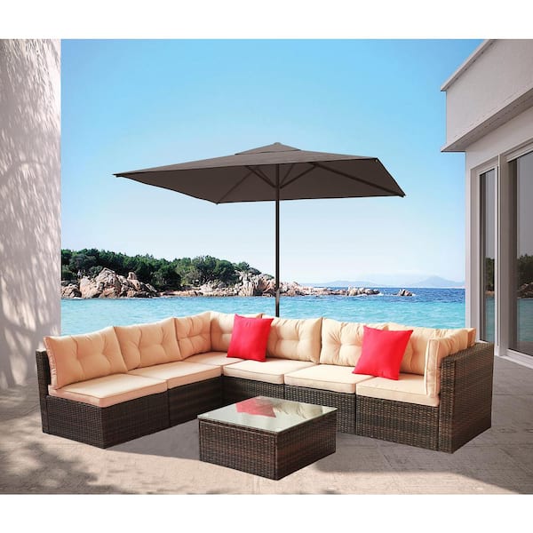 Unbranded Brown 7-Piece Wicker Outdoor Patio Furniture Sectional Sofa Set with Coffee Table and Beige Cushion for Backyard, Garden