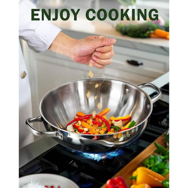 Cook N Home Large 12 in. Tri-Ply Stainless Steel Wok with Lid