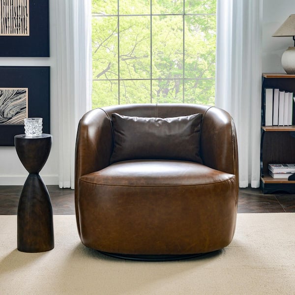 Brown Genuine Leather Swivel Barrel Armchair