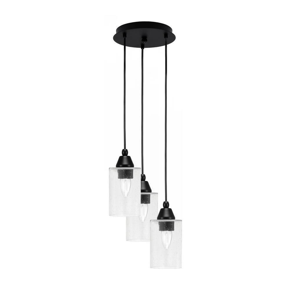 Savannah 10 in. 3-Light Matte Black Cord Pendant Light Clear Bubble Glass S