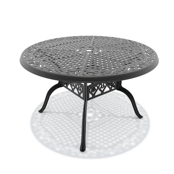 Black Round Cast Aluminum Outdoor Patio Dining Table with Umbrella Hole