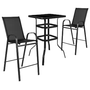 3-Piece Outdoor Glass Bar Patio Table Set with 2 Metal Barstools