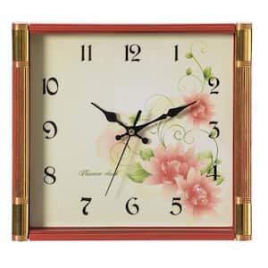 Brown Unique Modern Square Shaped Wall Clock with Floral Design for Living Room, Kitchen, or Dining Room