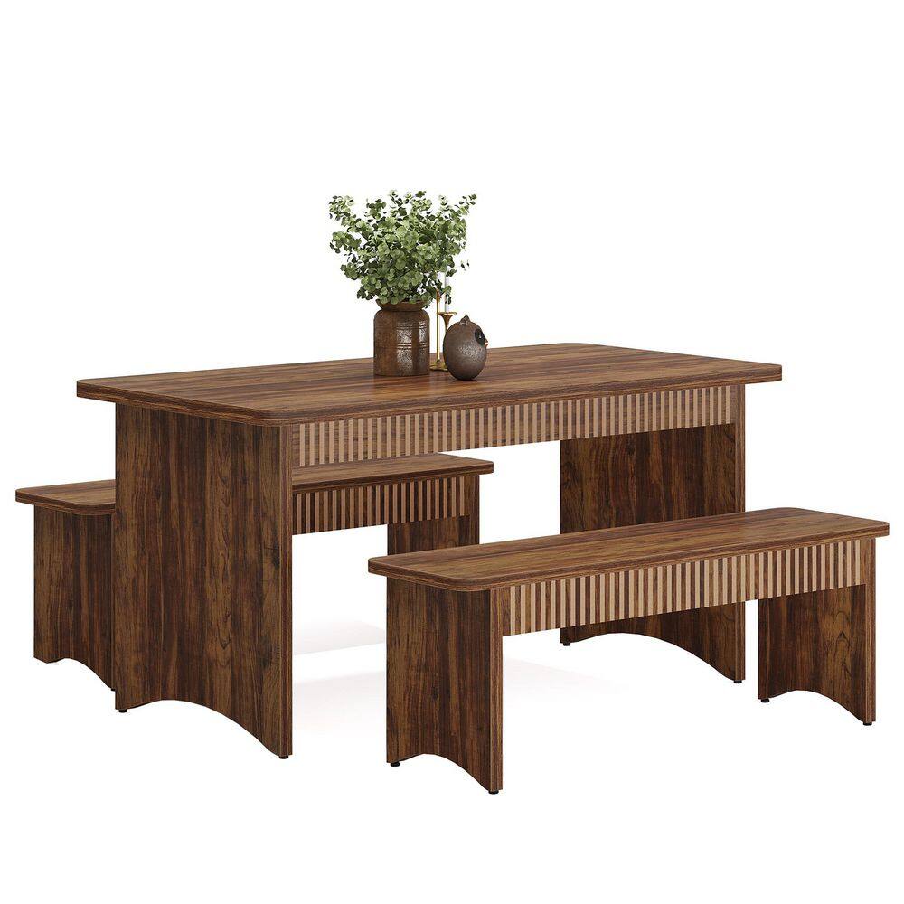 Moronia 3-Piece Rectangle Rustic Brown Wood Top Dining Table Set Seats 4, Farmhouse Dining Room Table Set for Dinner