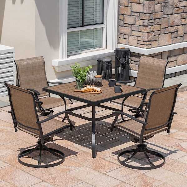 Black 5-Piece Textilene and Metal Square Outdoor Dining Set with Umbrella Hole and Faux Wood Tabletop & Swivel Design