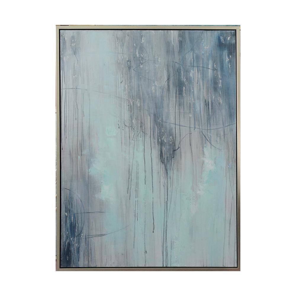 Blue and White Abstract Oil Painting on Canvas with Silver Frame