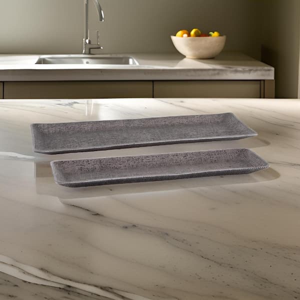 Benjara Rumi Pewter Gray Rectangular Cast Aluminium Decorative Tray (Set of 2)