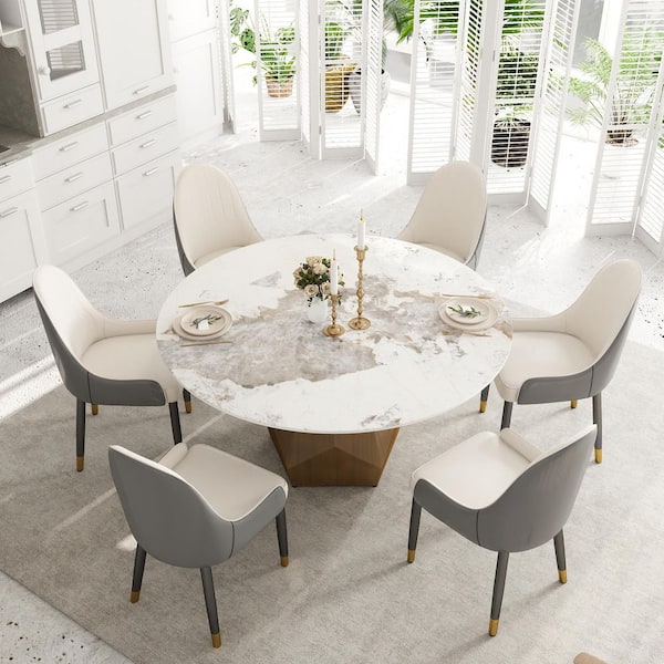 59 in. Pandora Circular Sintered Stone Tabletop Bronze Pedestal Base Kitchen Dining Table (Seats 8)