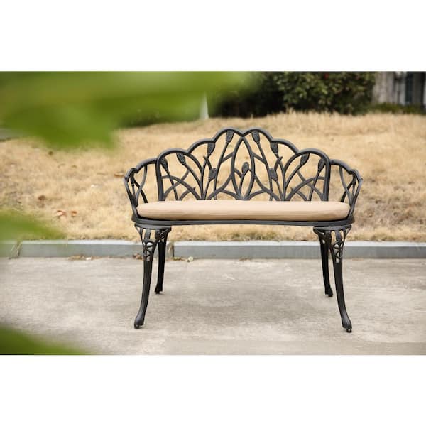 maocao hoom Tulip Patio Garden Bench, Metal Park Bench, Outdoor Furniture for Patio, Park, Lawn, Yard Black with Cushion
