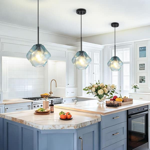 Rayhome 9.05 in. 1-Light Modern Black Industrial Pendant Light with Blue Spiral Glass Shade for KitchenIsland Bedroom