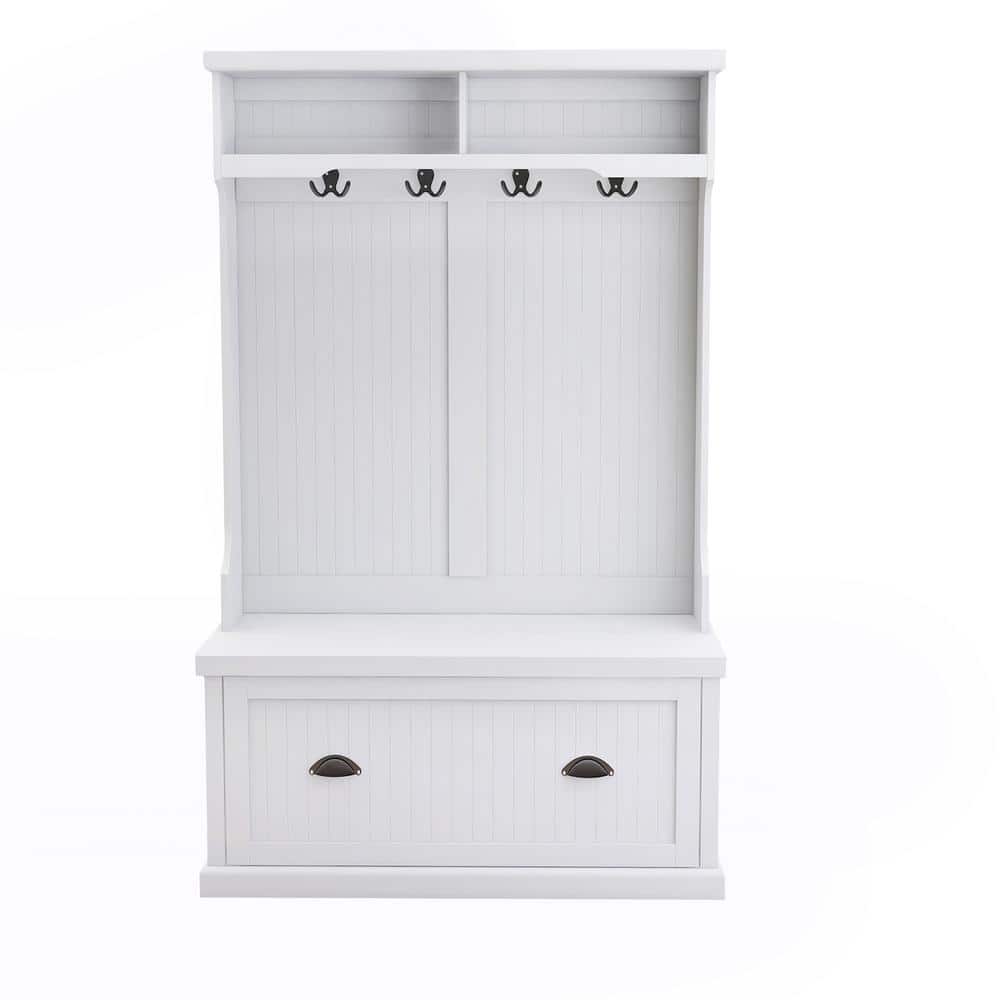 White Wood Hall Tree with Storage Bench and Hooks