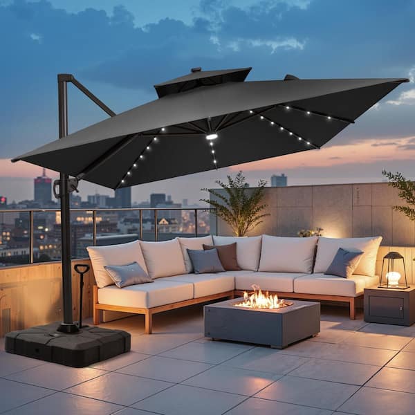 Pellebant Double Top 13 ft. x 10 ft. Solar LED Rectangular 360 Rotation Cantilever Patio Umbrella in Black with 350 lbs. Base PB-PU86LBLKUB039 Pellebant Double Top 13 ft. x 10 ft. Solar LED Rectangular 360 Rotation Cantilever Patio Umbrella in Black with 350 lbs. Base PB-PU86LBLKUB039