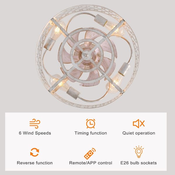 19.7 in. Indoor Distressed White Farmhouse Low Profile Caged Ceiling Fan with Remote Included for Bedroom or Kitchen