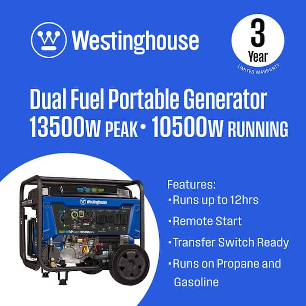 13,500-Watt/10,500-Watt Remote Start Dual Fuel Gas and Propane Portable Generator with 50A Outlet, CO Sensor