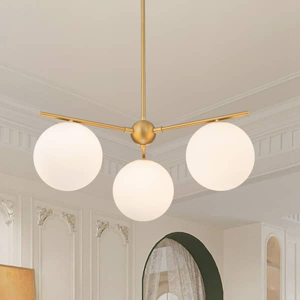 Y'INSP 3-Light Brushed Gold Mid Century Globe Chandelier Modern Hanging Light Fixture for Dining Room with White Glass Shade