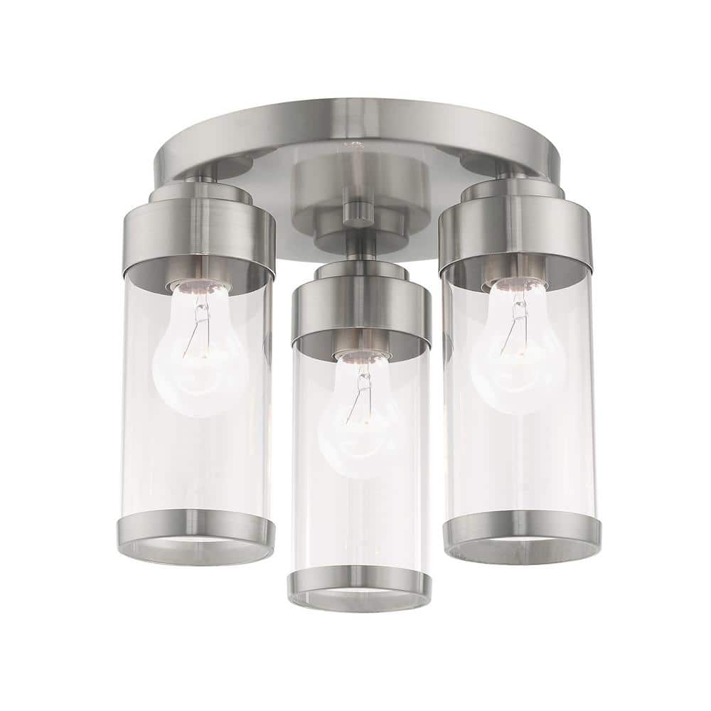 Brushed Nickel 3-Light Flush Mount with Clear Glass Shades