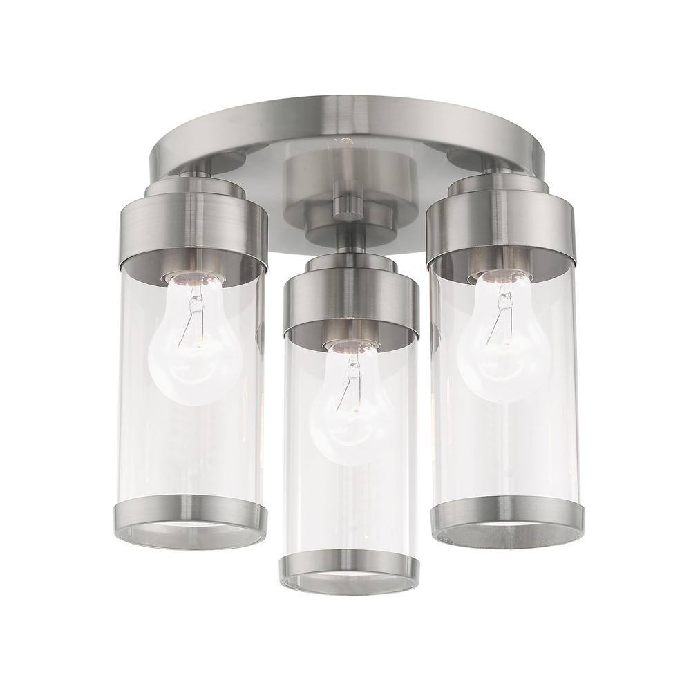 Brushed Nickel 3-Light Flush Mount with Clear Glass Shades