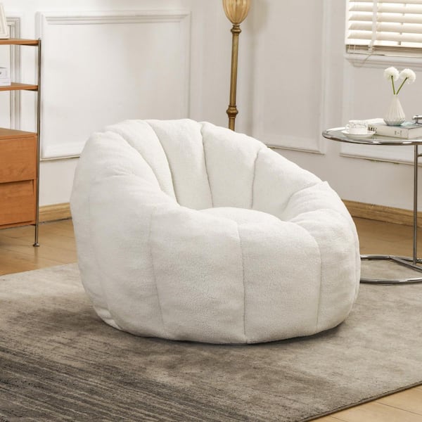 White Faux Fur Bean Bag Chair with Armrests, Memory Foam Filled Lounge Chair for Living Room or Bedroom