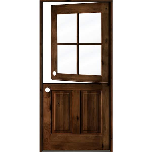 Krosswood Doors 36 in. x 80 in. Knotty Alder Right-Hand/Inswing 4-Lite Clear Glass Provincial Stain Dutch Wood Prehung Front Door