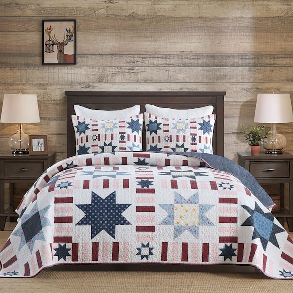 BY330 Navy Star Rectangle Pattern King Size Polyester Quilt Set Bedspread Set