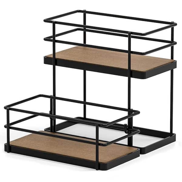 Multi 7.72 in W x 6.93 in D 2-Tier Coffee Syrup Rack Organizer 4 Bottle Holder Stand Matte Black Wood Decorative