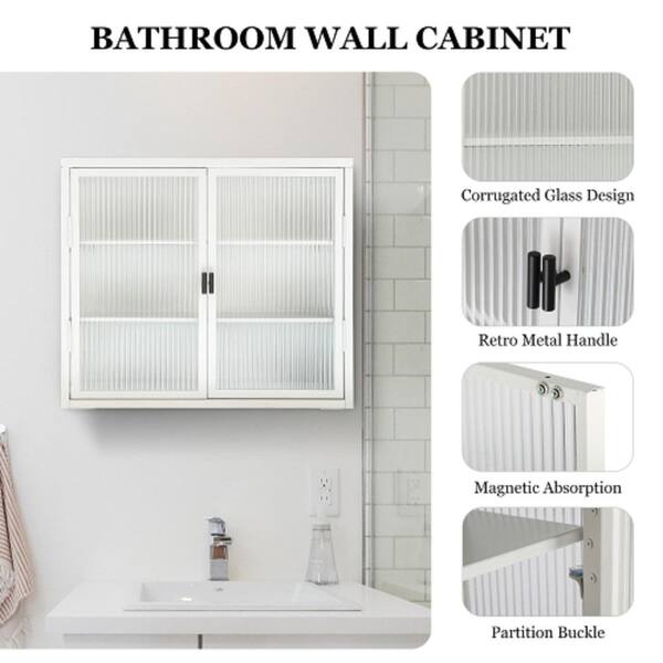 Adrinfly 27.60 in. L x 9.10 in. H x 23.60 in. W Double Glass Door Assembled Wall Cabinet with Detachable Shelves in White