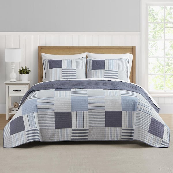 DESIGN STUDIO Lido Patch Blue/Grey 3-Piece Cotton Quilt Set - Full ...