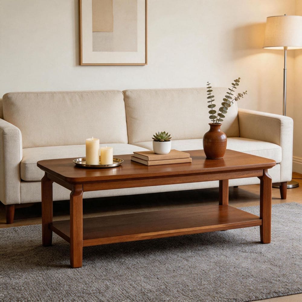 Allan 47.24 in. Walnut Rectangle MDF Coffee Table with Shelf, Round Corners Living Room Center Coffee Table with 4 Legs