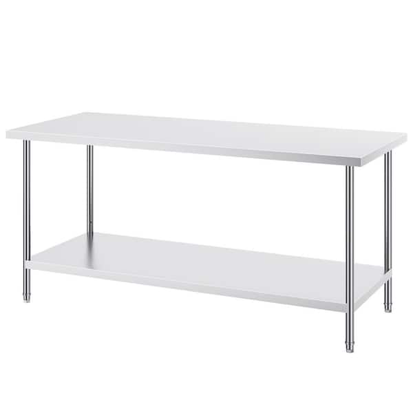Stainless Steel Kitchen Prep Table 30 x 72 x 34 in. 920 lbs. Load Capacity Heavy Duty Table with 3-Adjustable, Silver