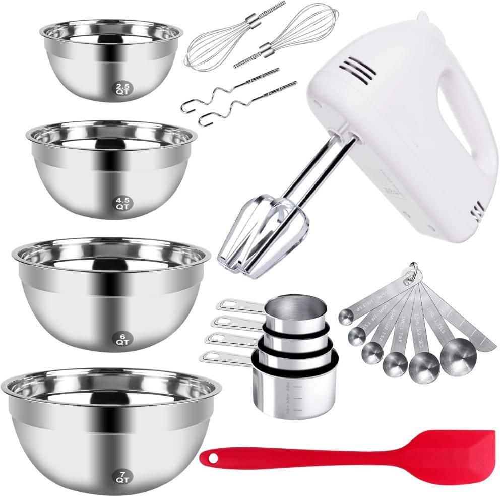 Esepony Stainless Steel Electric Hand Mixer and Mixing Bowls Set for ...