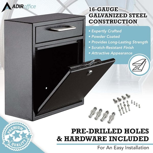 AdirOffice Medium Black Wall-Mounted Steel Drop Box Mailbox 631-05