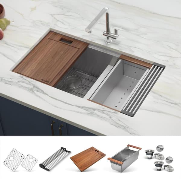 Roma 28 in. Undermount 60/40 Double Bowl 16-Gauge Stainless Steel Workstation Kitchen Sink with Accessories