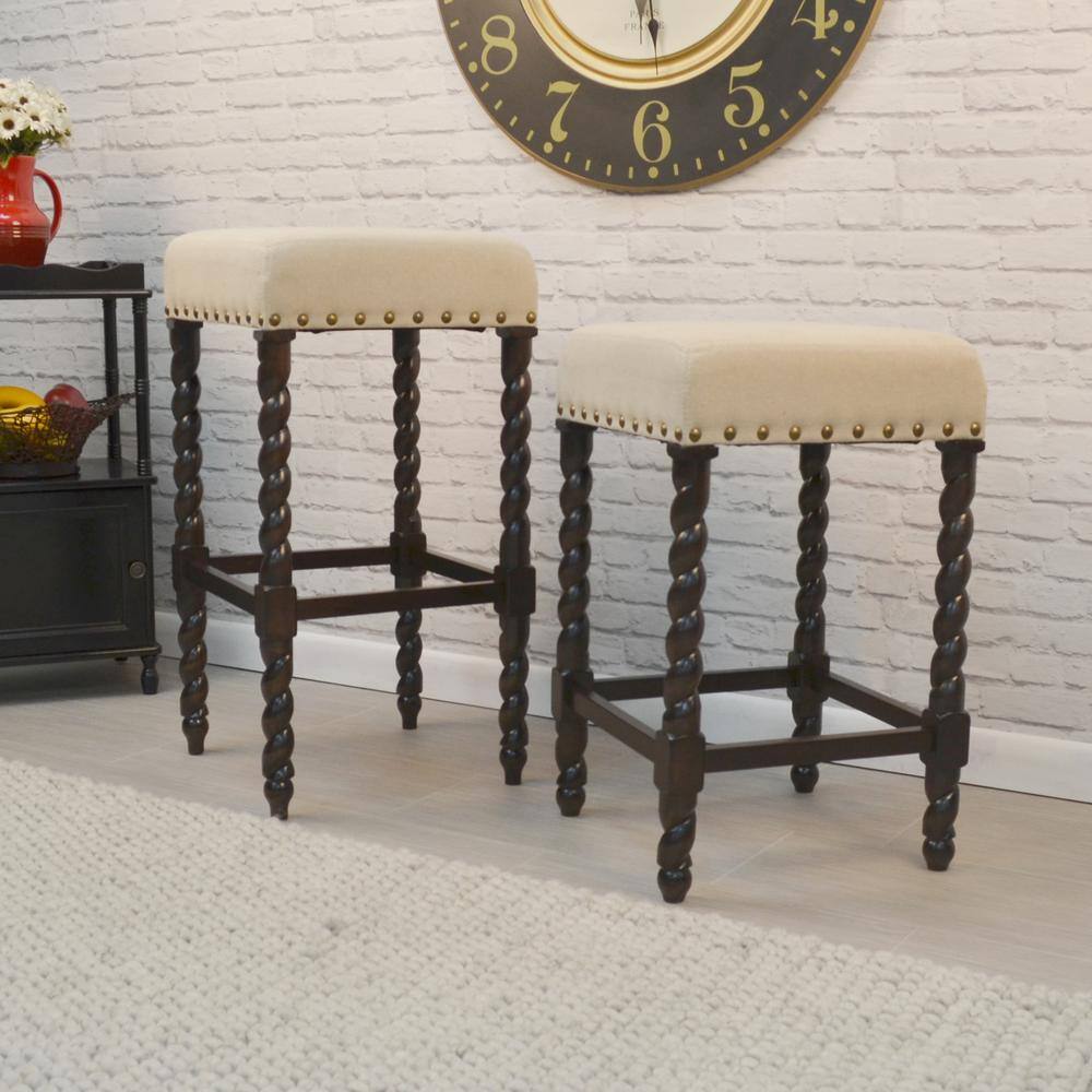 Espresso Linen Upholstered Backless Swivel Counter Stool
