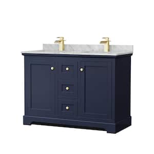 Avery 48 in. W x 22 in. D Double Vanity in Dark Blue with Marble Vanity Top in White Carrara with Square Basins