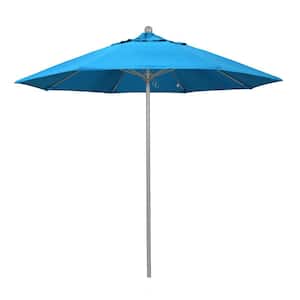 9 ft. Gray Woodgrain Aluminum Commercial Market Patio Umbrella Fiberglass Ribs and Push Lift in Canvas Cyan Sunbrella