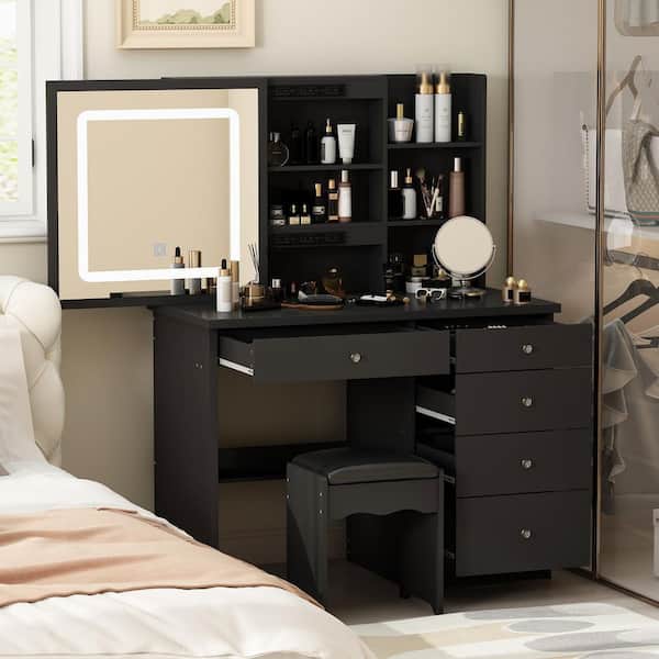 FUFU&GAGA 5-Drawers Black Wood LED Push-Pull Mirror Makeup Vanity Sets Dressing Table Sets with Stool and 3-Tier Storage Shelves