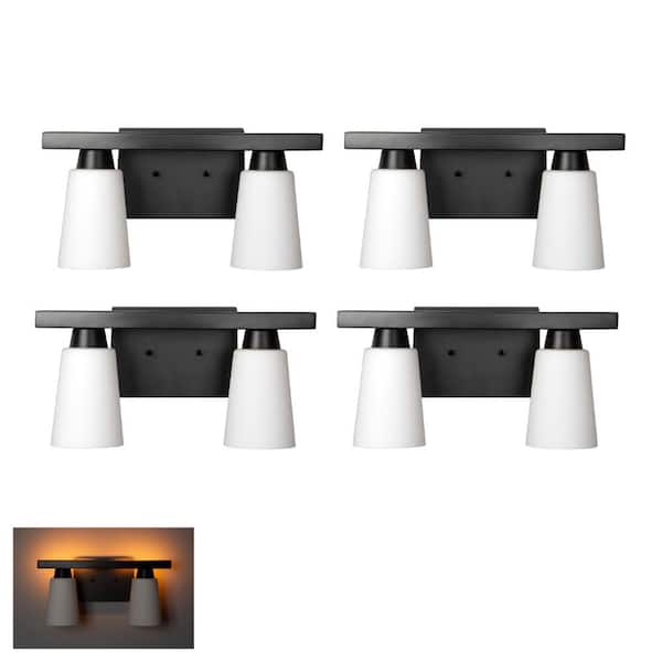 18 in. KESTLE 2-Light Black Vanity Light with Night Light Mode, E26 Med Bulb, White Frosted Glass Cylinder Shade, 4-Pack