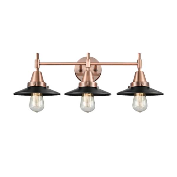 Railroad 26 in. 3-Light Antique Copper, Matte Black Vanity Light with Black Metal Shade