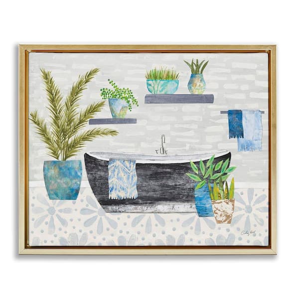 Stupell Industries Botanical Bath & Rustic Plants by Courtney Prahl Gold Floater Frame Architecture Graphic Art Print 17 in. x 21 in.