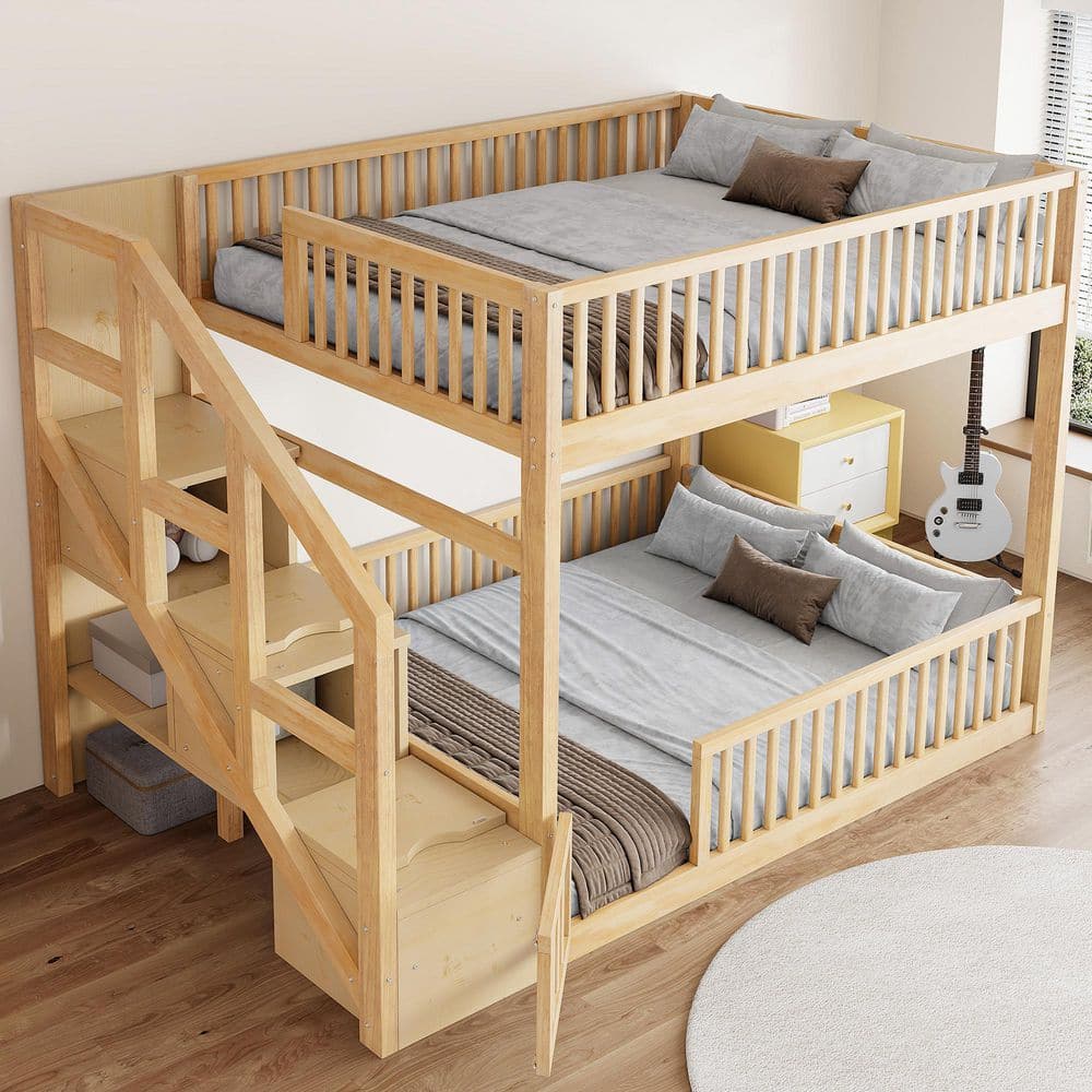 Natural Full Over Full Wood Floor Bunk Bed with Full-Length Guardrails, Storage Staircase price history on PriceWatchPro