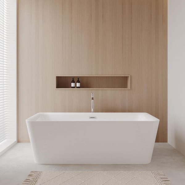 Emily 68.88 in. Acrylic Flatbottom Center Drain Soaking Tub in White with Floor Mounted Faucet in Chrome