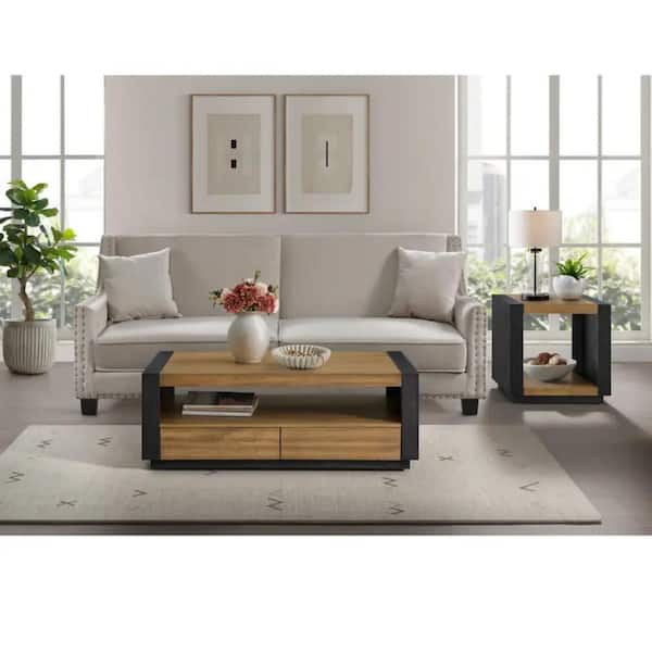Picket House Furnishings Stephen 28 in. Light Oak and Black Rectangle Wood Coffee Table and End Table