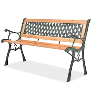 48 in. Wooden Outdoor Garden Bench with Curved Backrest and Wrought Iron Frame