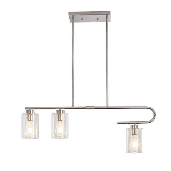 LWYTJO 31.5 in. 3-Light Nickel Minimalist Linear Chandelier Island Pendant with Cylinder Clear Glass Shade for Restaurant Bar